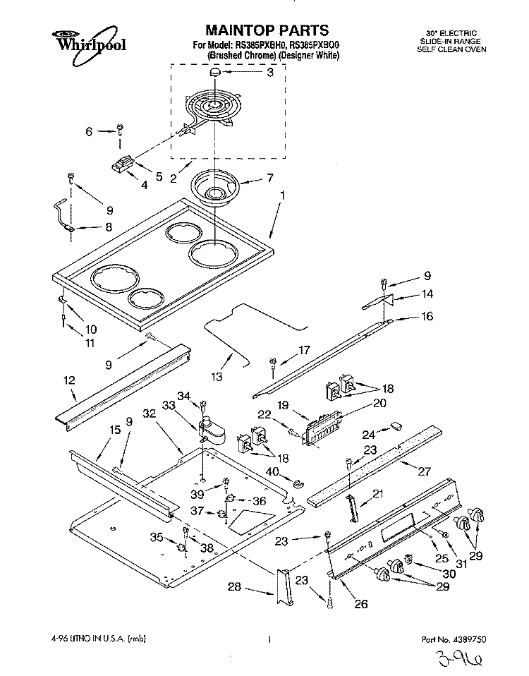 MAINTOP Diagram and Parts List for RS385PXBQ0  Whirlpool Range