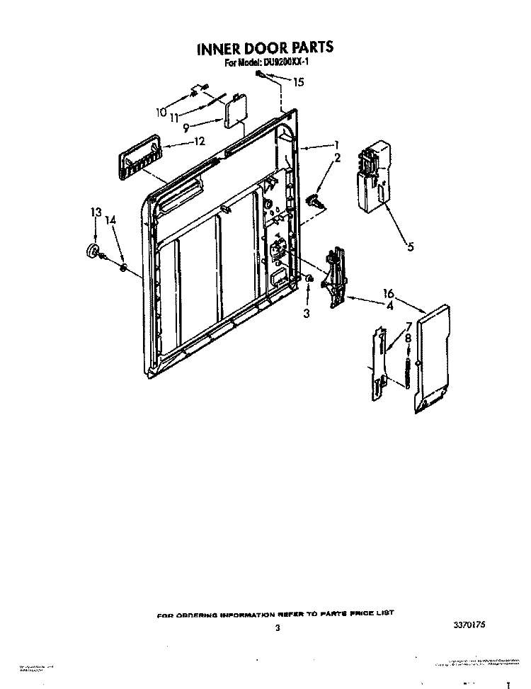 INNER DOOR Diagram and Parts List for DU9200XX1  Whirlpool Dishwasher
