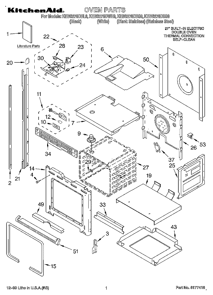 OVEN, LITERATURE Diagram and Parts List for KEBS278DBS8  KitchenAid Wall Oven