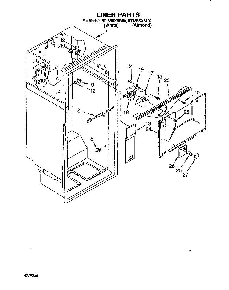 LINER Diagram and Parts List for RT18BKXBW00  Roper Refrigerator