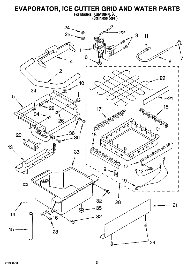 EVAPORATOR ICE CUTTER GRID AND WATER PARTS Diagram and Parts List for KUIA18NNJS6  KitchenAid Ice Maker