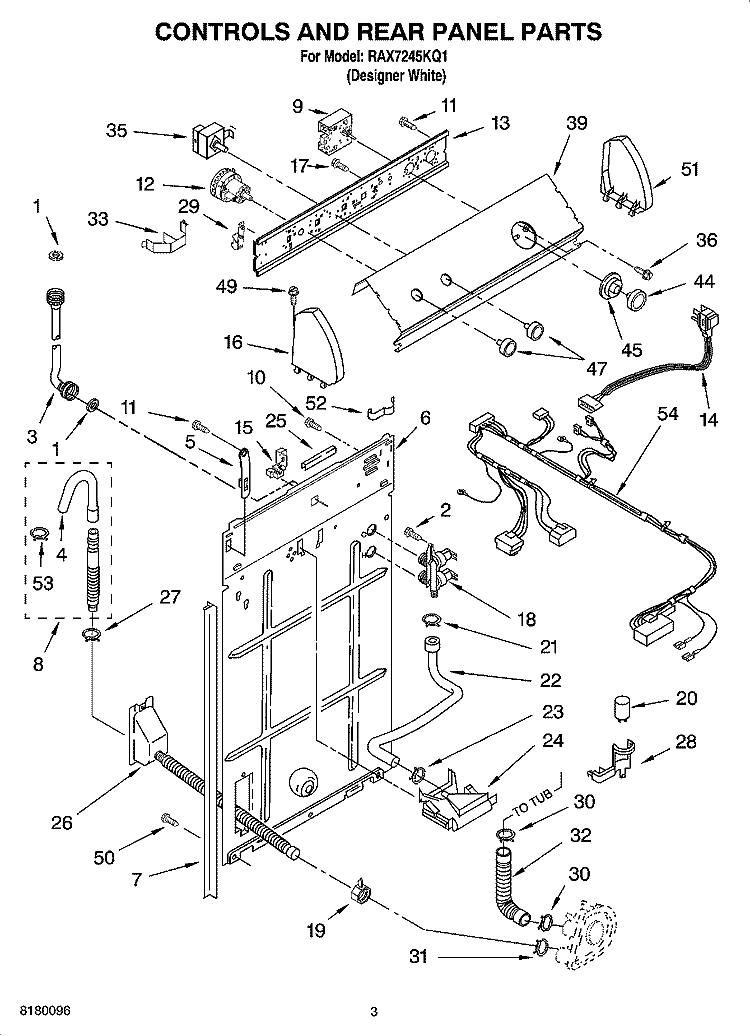 CONTROL AND REAR PANEL PARTS Diagram and Parts List for RAX7245KQ1  Roper Washer