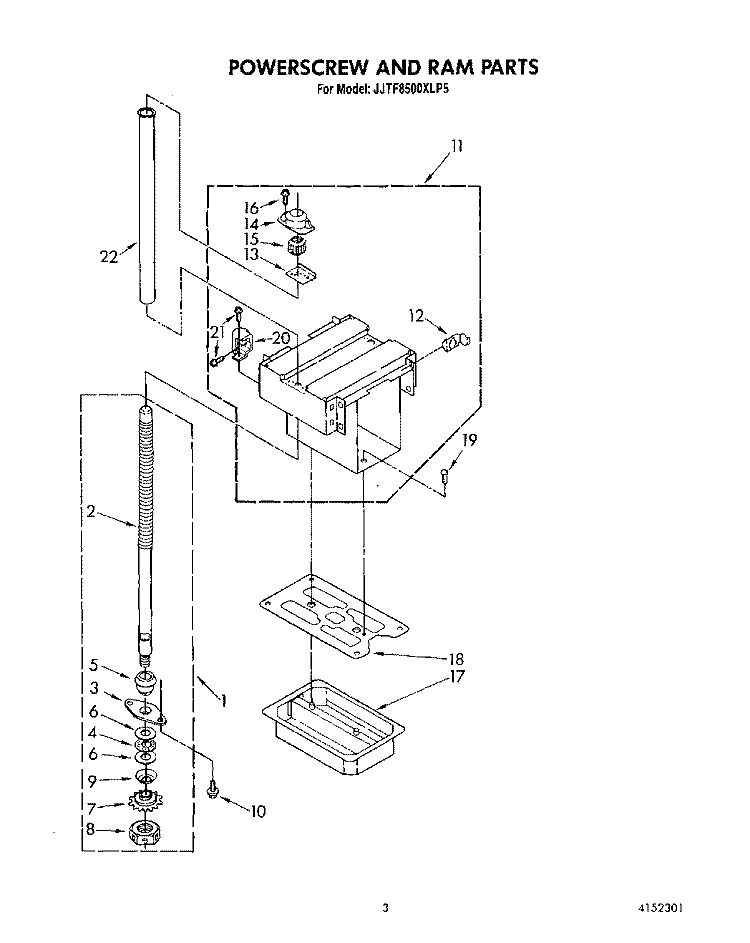 POWERSCREW AND RAM Diagram and Parts List for JJTF8500XLP5  Whirlpool Trash Compactor