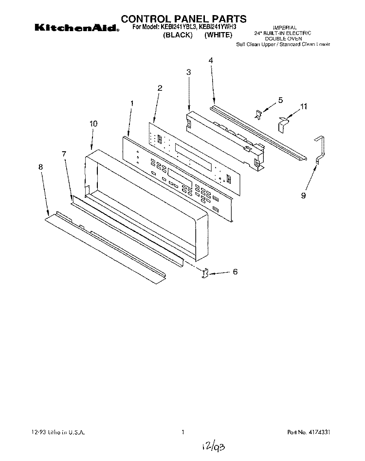 CONTROL PANEL, LITERATURE Diagram and Parts List for KEBI241YWH3  KitchenAid Wall Oven
