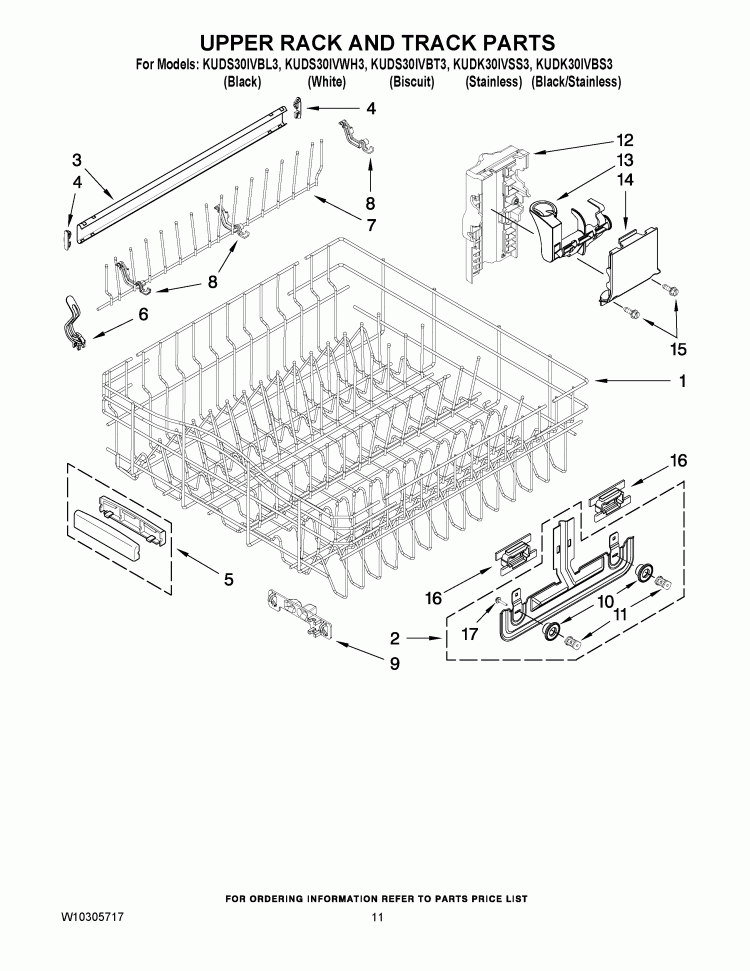UPPER RACK AND TRACK PARTS Diagram and Parts List for KUDK30IVSS3  Whirlpool Dishwasher