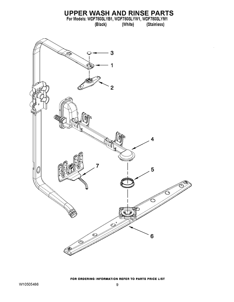 UPPER WASH AND RINSE PARTS Diagram and Parts List for WDF780SLYB1  Whirlpool Dishwasher