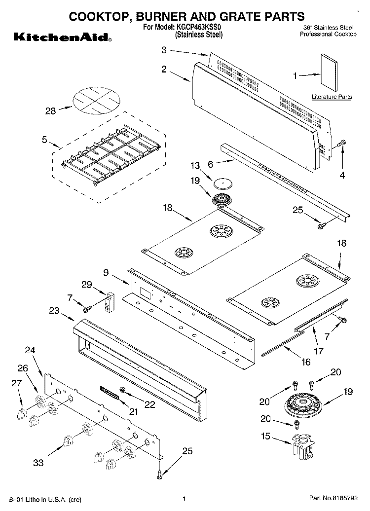 COOKTOP, BURNER, AND GRATE PARTS Diagram and Parts List for KGCP463KSS0  KitchenAid Cooktop