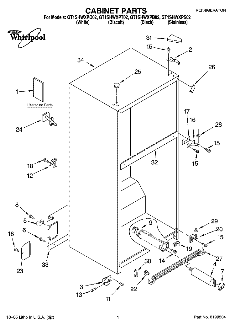 CABINET PARTS Diagram and Parts List for GT1SHWXPS02  Whirlpool Refrigerator