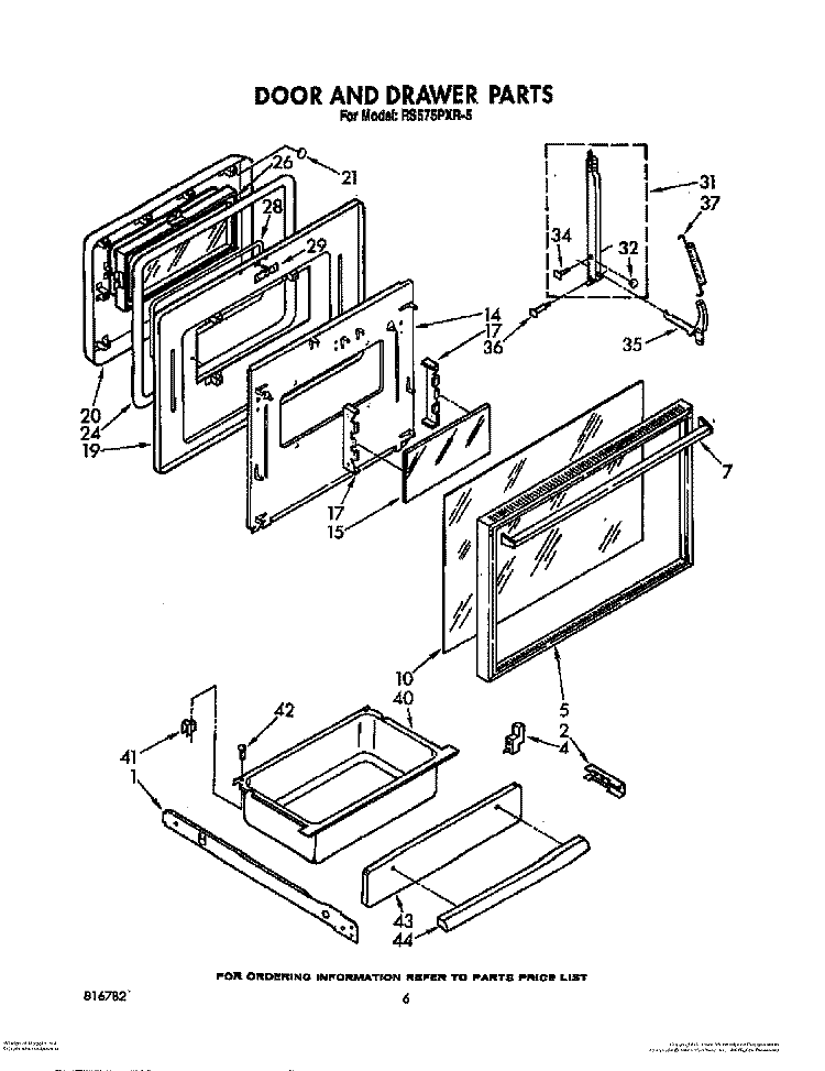 DOOR AND DRAWER Diagram and Parts List for RS575PXR5  Whirlpool Range