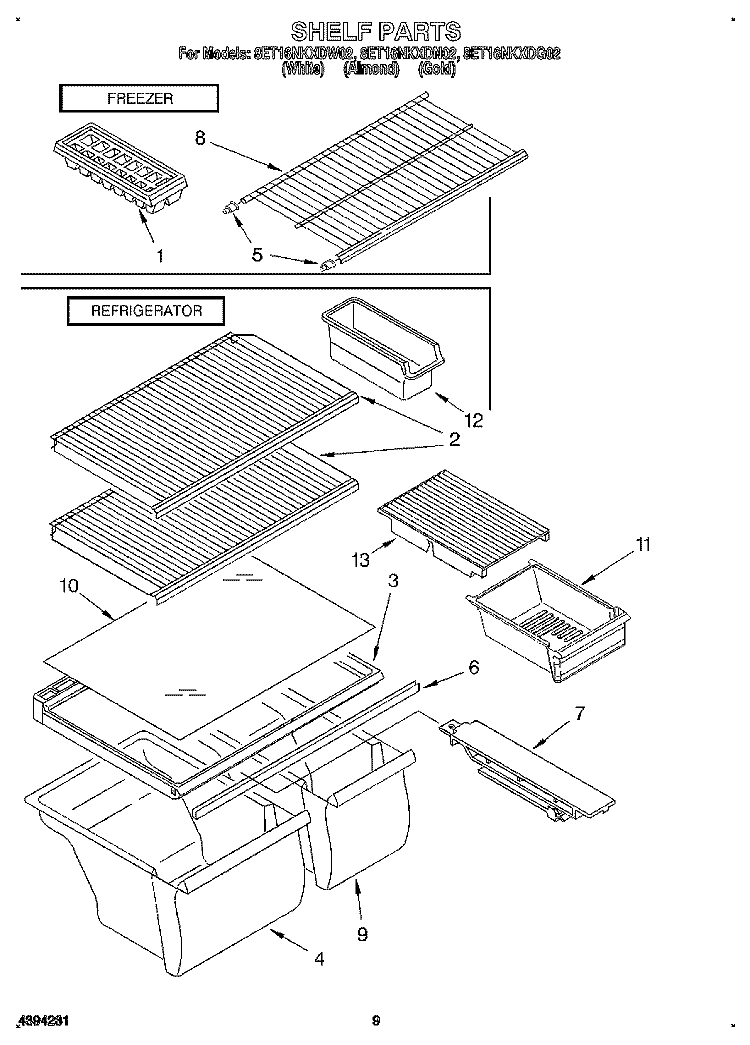 SHELF, LIT/OPTIONAL Diagram and Parts List for 8ET16NKXDG02  Whirlpool Refrigerator