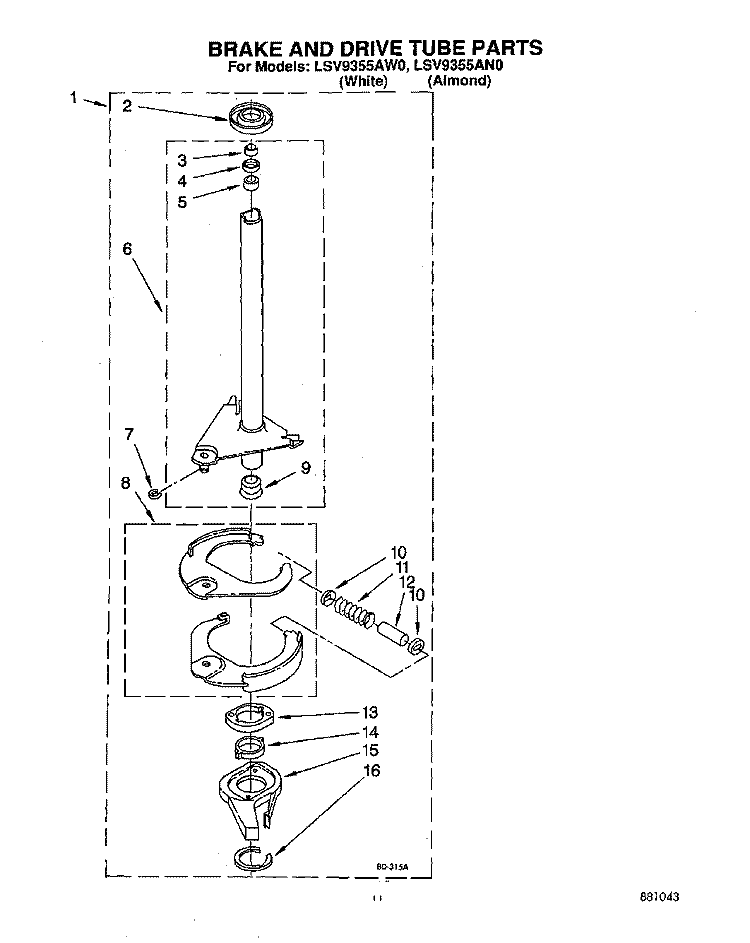 BRAKE AND DRIVE TUBE Diagram and Parts List for LSV9355AN0  Whirlpool Washer
