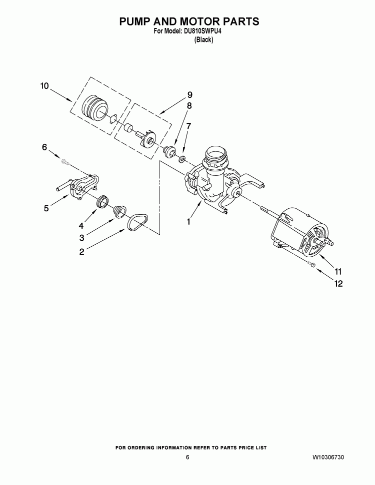 PUMP AND MOTOR PARTS Diagram and Parts List for DU810SWPU4  Whirlpool Dishwasher