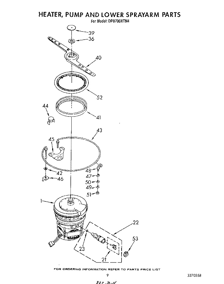 HEATER, PUMP AND LOWER SPRAY ARM Diagram and Parts List for DP8700XTN4  Whirlpool Dishwasher