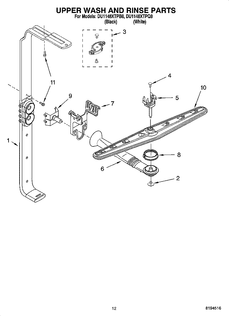 UPPER WASH AND RINSE PARTS Diagram and Parts List for DU1148XTPQ8  Whirlpool Dishwasher