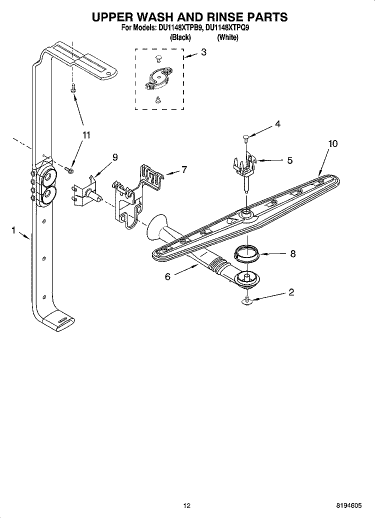 UPPER WASH AND RINSE PARTS Diagram and Parts List for DU1148XTPQ9  Whirlpool Dishwasher