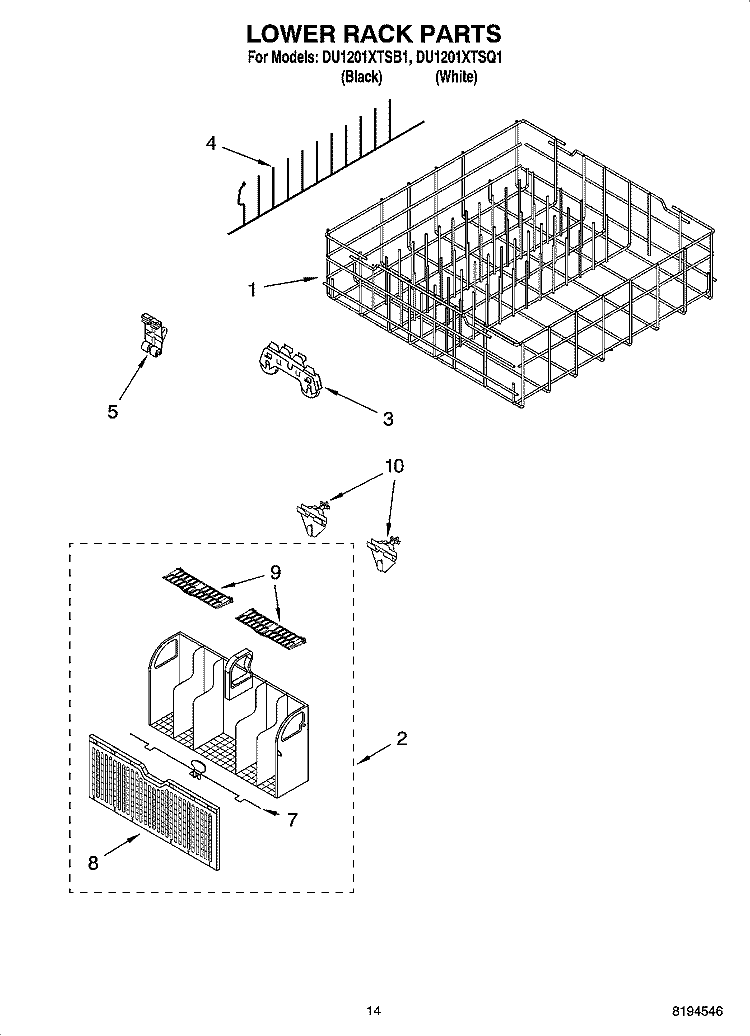 LOWER RACK PARTS, OPTIONAL PARTS (NOT INCLUDED) Diagram and Parts List for DU1201XTSQ1  Whirlpool Dishwasher