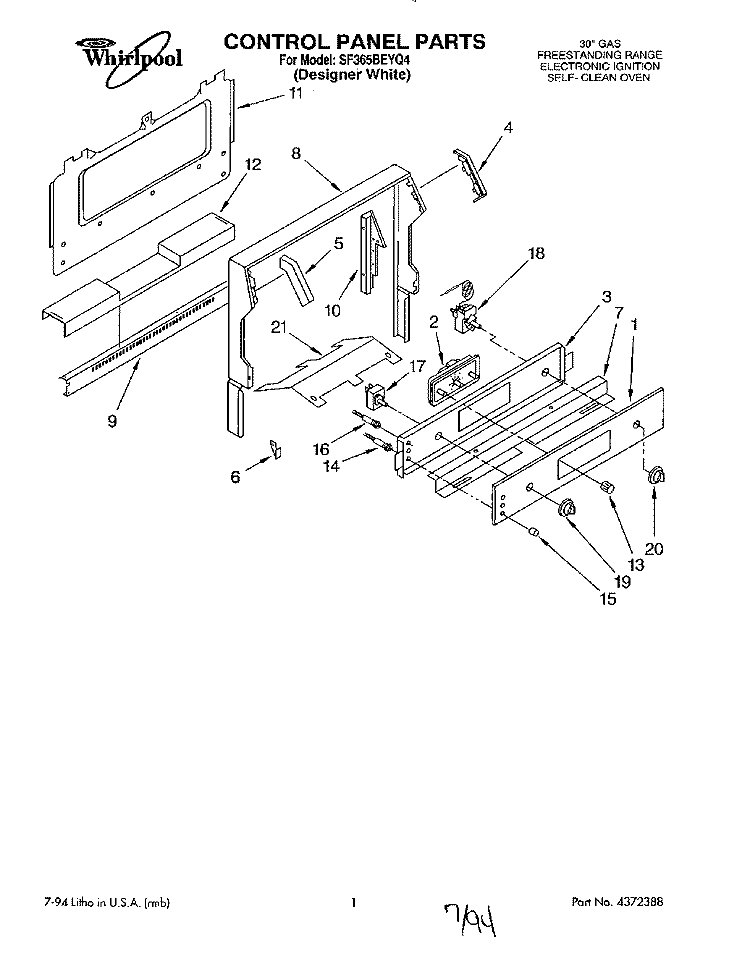 CONTROL PANEL Diagram and Parts List for SF365BEYQ4  Whirlpool Range