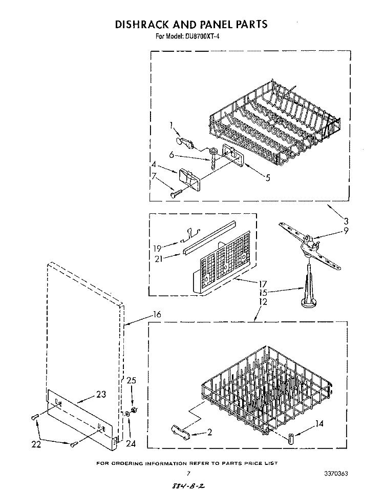 DISHRACK AND PANEL Diagram and Parts List for DU8700XT4  Whirlpool Dishwasher