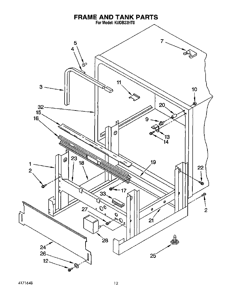 FRAME AND TANK Diagram and Parts List for KUDB22HT0  KitchenAid Dishwasher