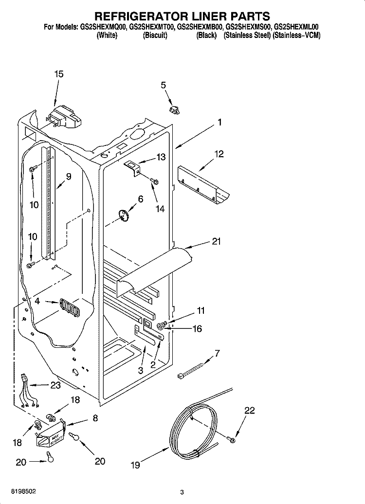 REFRIGERATOR LINER PARTS Diagram and Parts List for GS2SHEXML00  Whirlpool Refrigerator
