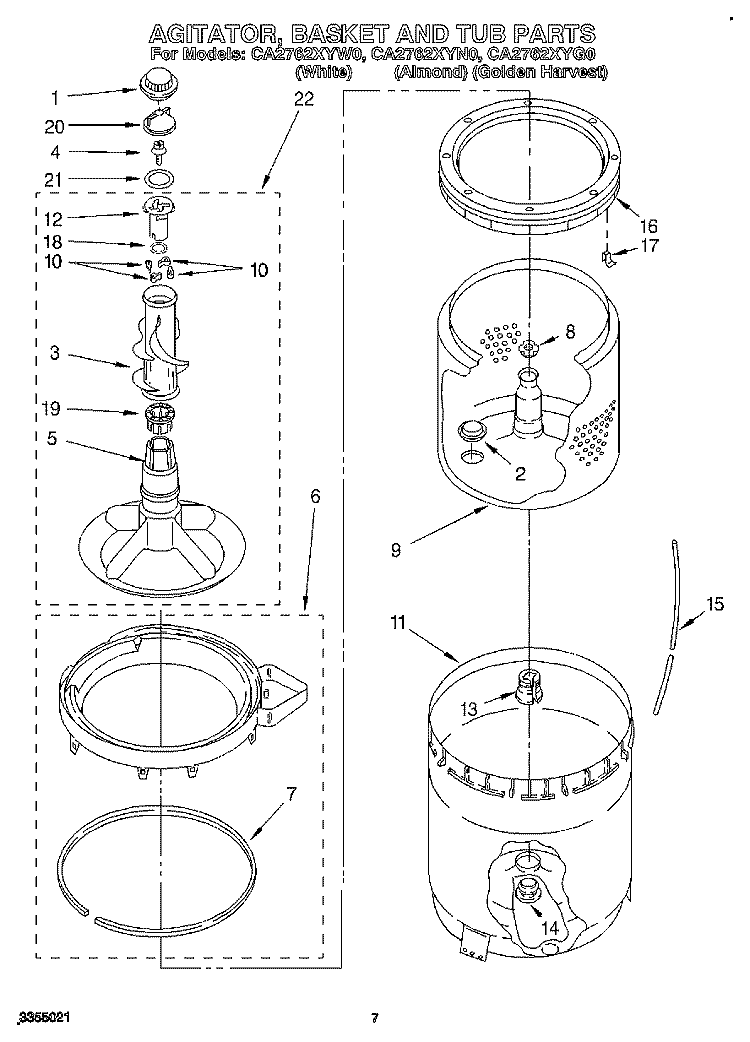 AGITATOR, BASKET AND TUB Diagram and Parts List for CA2762XYG0  Whirlpool Washer