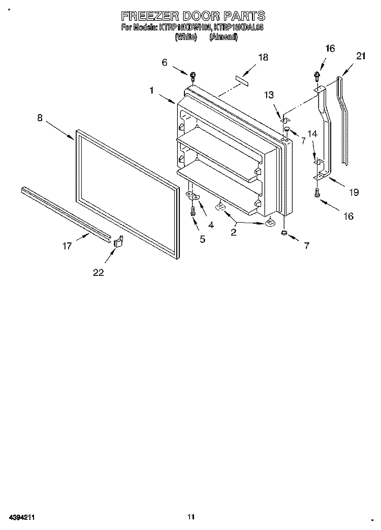 FREEZER DOOR, LIT/OPTIONAL Diagram and Parts List for KTRP18KDAL05  Whirlpool Refrigerator