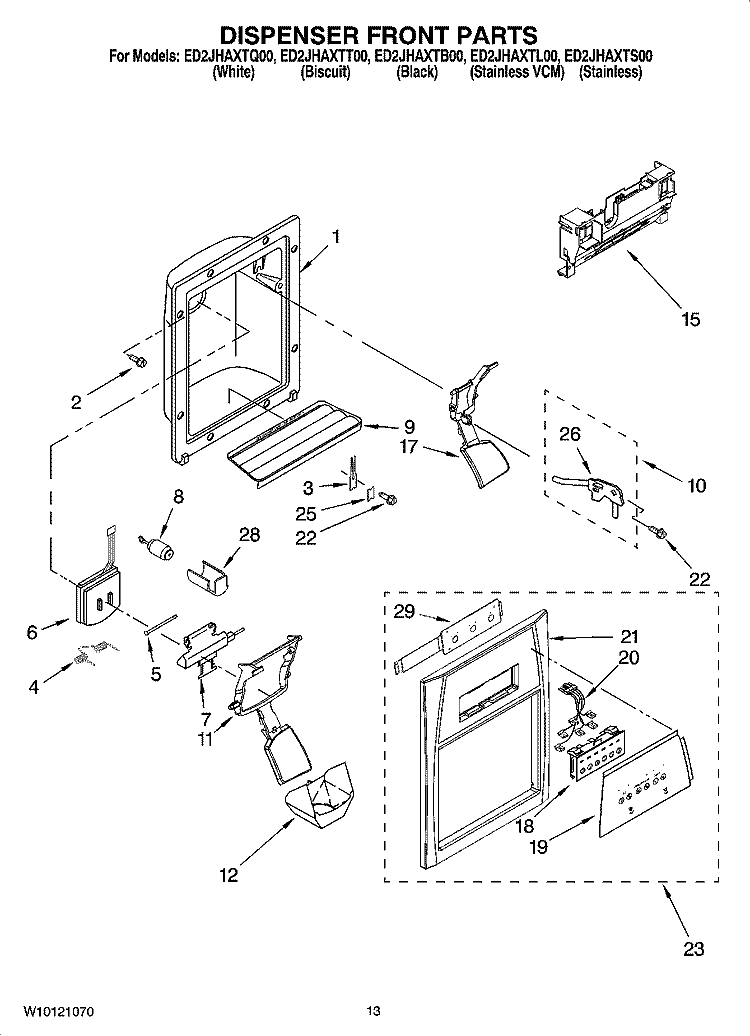 DISPENSER FRONT PARTS Diagram and Parts List for ED2JHAXTB00  Whirlpool Refrigerator