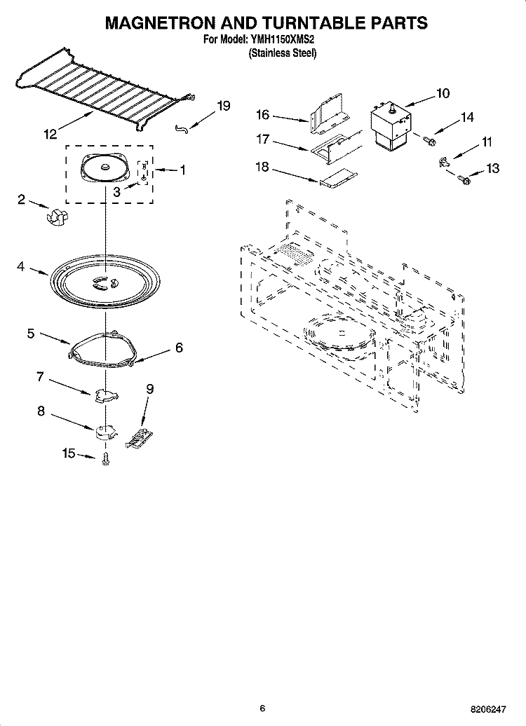 MAGNETRON AND TURNTABLE PARTS Diagram and Parts List for YMH1150XMS2  Whirlpool Microwave