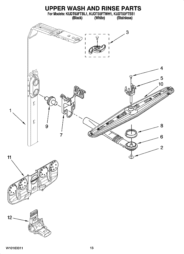 UPPER WASH AND RINSE PARTS Diagram and Parts List for KUDT03FTBL1  KitchenAid Dishwasher