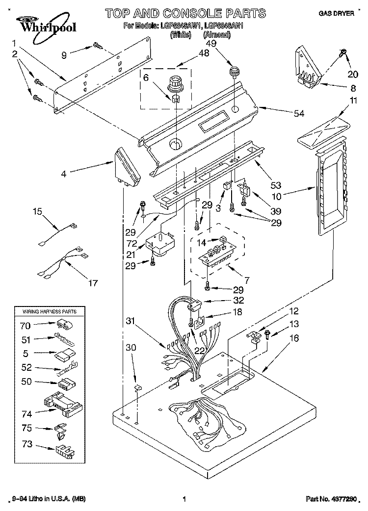TOP AND CONSOLE, LIT/OPTIONAL Diagram and Parts List for LGP6848AN1  Whirlpool Dryer