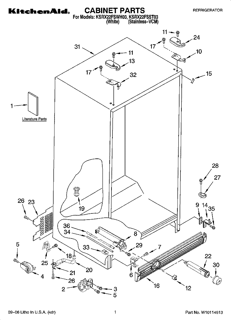 CABINET PARTS Diagram and Parts List for KSRX22FSST03  KitchenAid Refrigerator