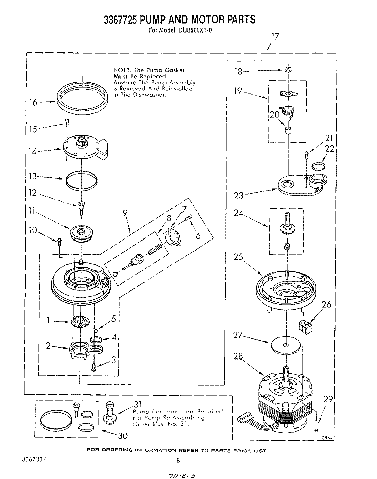 3367725 PUMP AND MOTOR Diagram and Parts List for DU8500XT0  Whirlpool Dishwasher