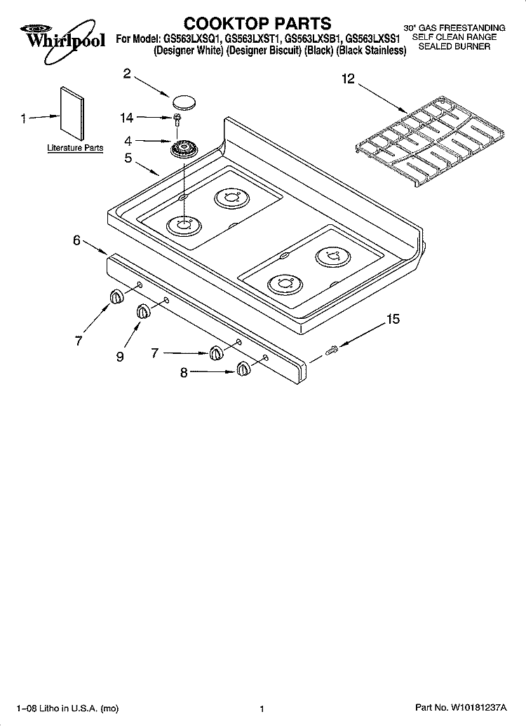 COOKTOP PARTS Diagram and Parts List for GS563LXSQ1  Whirlpool Range