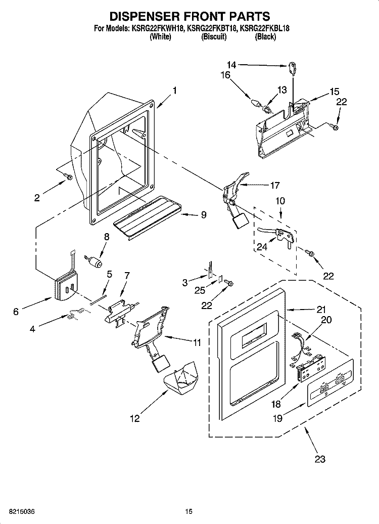 DISPENSER FRONT PARTS Diagram and Parts List for KSRG22FKBT18  KitchenAid Refrigerator