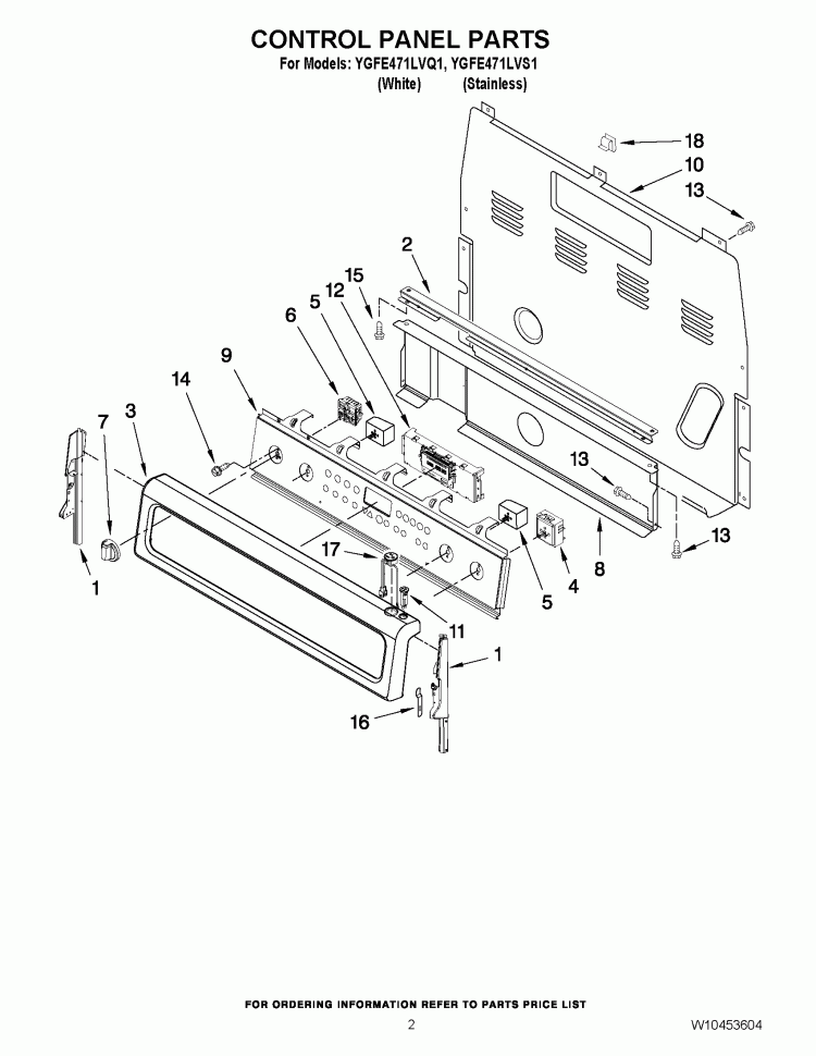 CONTROL PANEL PARTS Diagram and Parts List for YGFE471LVS1  Whirlpool Range