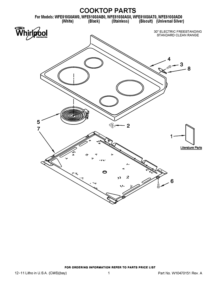 COOKTOP PARTS Diagram and Parts List for WFE510S0AT0  Whirlpool Range