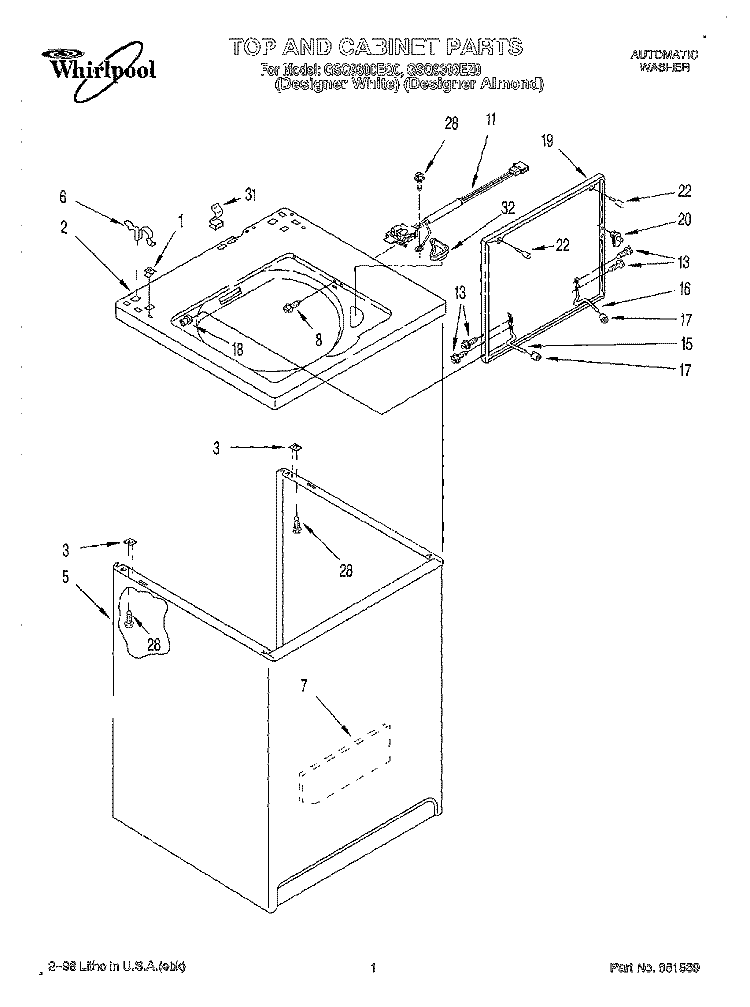 TOP AND CABINET Diagram and Parts List for GSQ9300EQ0  Whirlpool Washer
