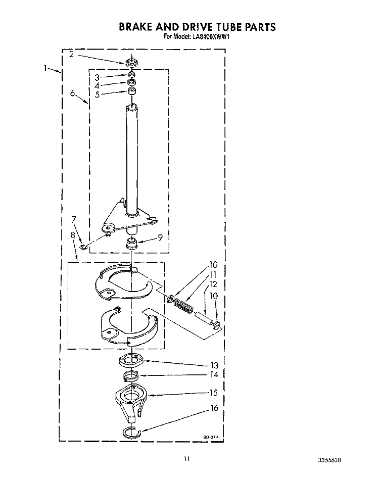 BRAKE AND DRIVE TUBE Diagram and Parts List for LA8400XWF1  Whirlpool Washer