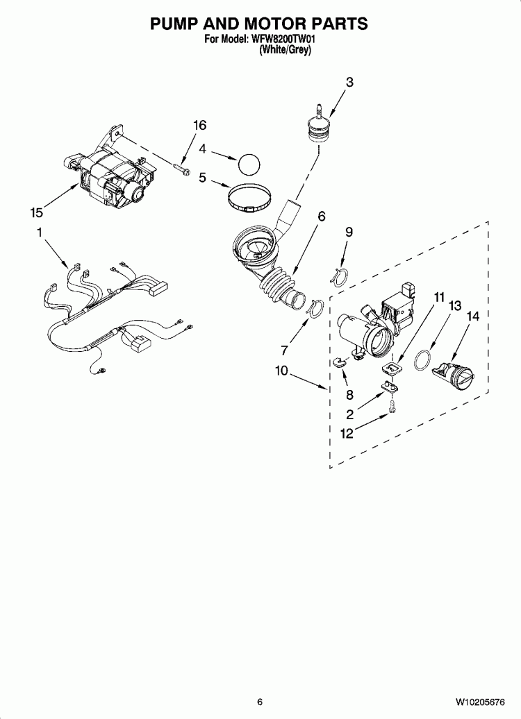 PUMP AND MOTOR PARTS Diagram and Parts List for WFW8200TW01  Whirlpool Washer