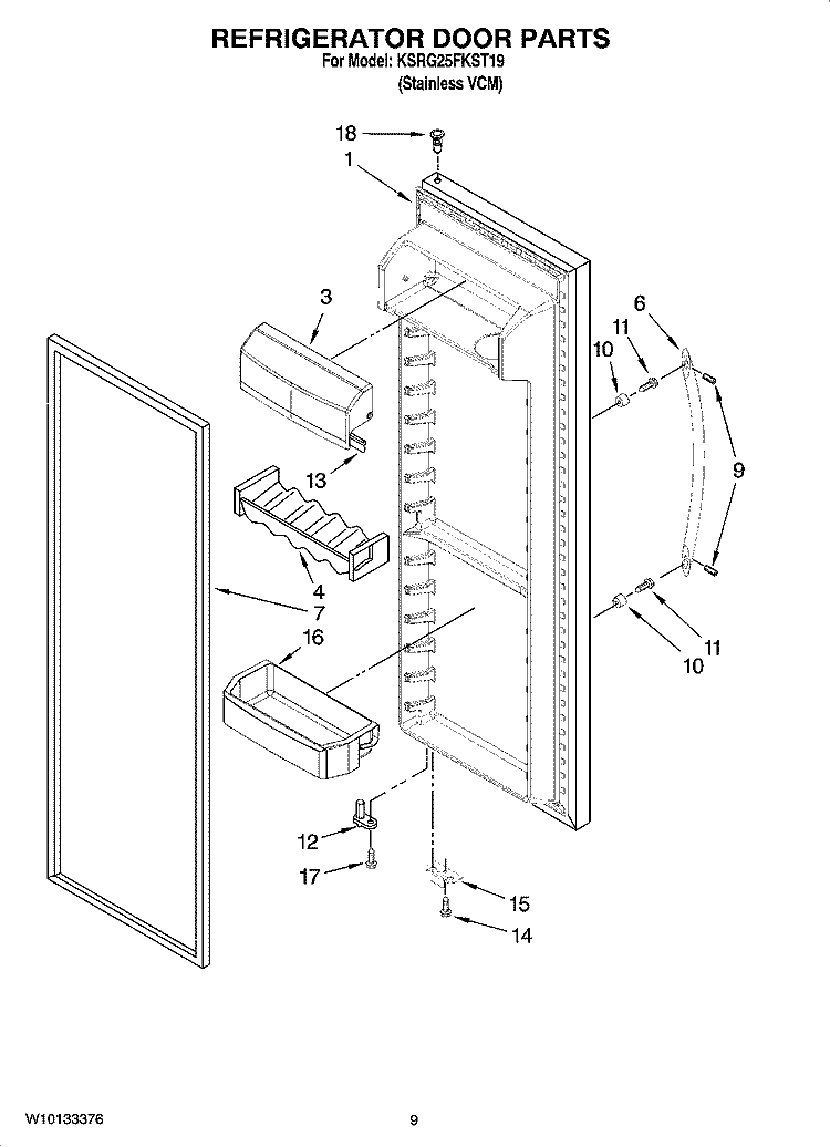 REFRIGERATOR DOOR PARTS Diagram and Parts List for KSRG25FKST19  KitchenAid Refrigerator