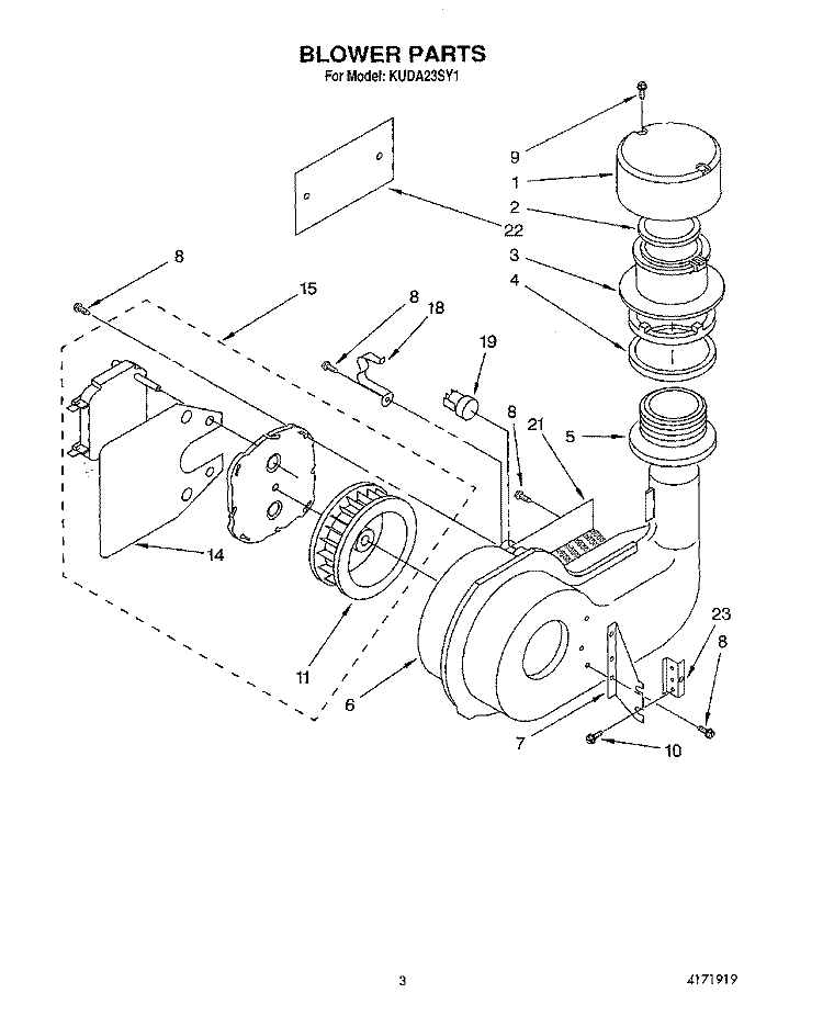 BLOWER Diagram and Parts List for KUDA23SY1  KitchenAid Dishwasher