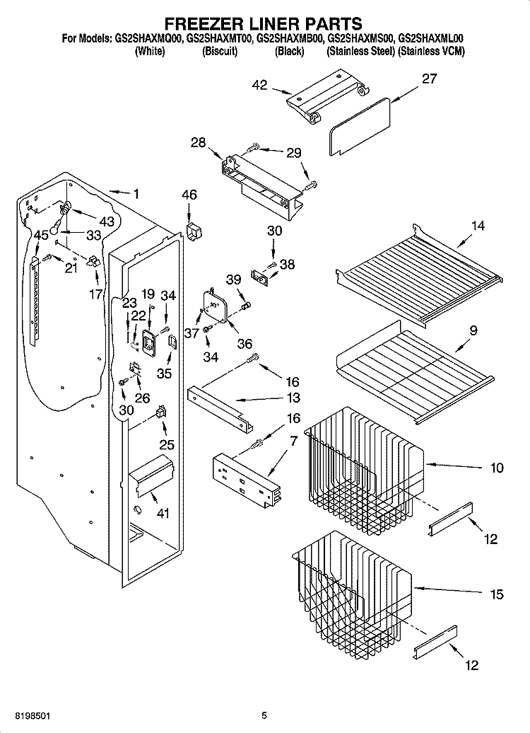 FREEZER LINER PARTS Diagram and Parts List for GS2SHAXMS00  Whirlpool Refrigerator