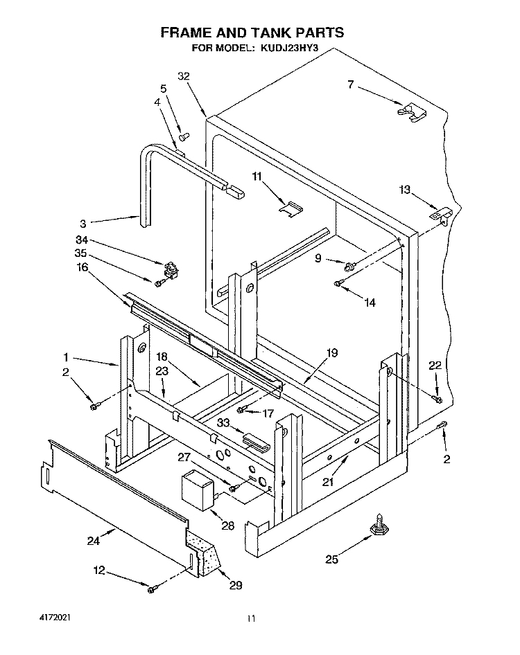 FRAME AND TANK Diagram and Parts List for KUDJ23HY3  KitchenAid Dishwasher