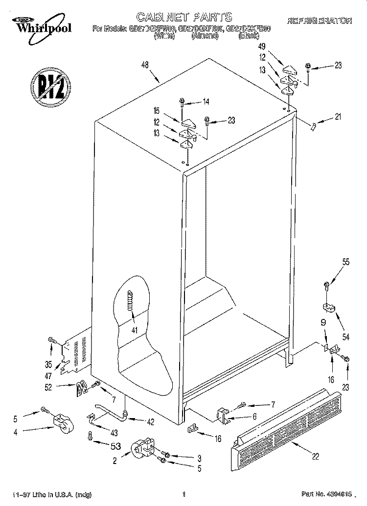 CABINET Diagram and Parts List for GD27DQXFW00  Whirlpool Refrigerator