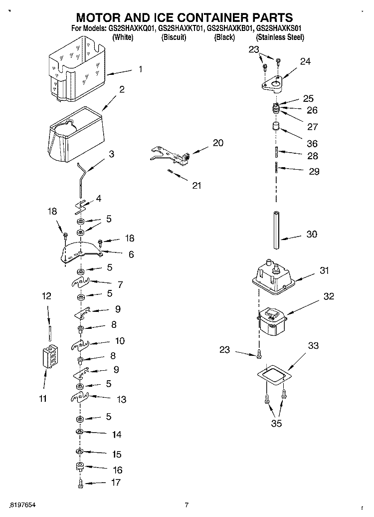 MOTOR AND ICE CONTAINER Diagram and Parts List for GS2SHAXKB01  Whirlpool Refrigerator