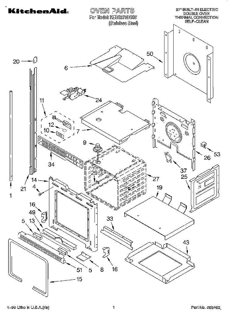 OVEN Diagram and Parts List for KEBS278DSS6  KitchenAid Wall Oven