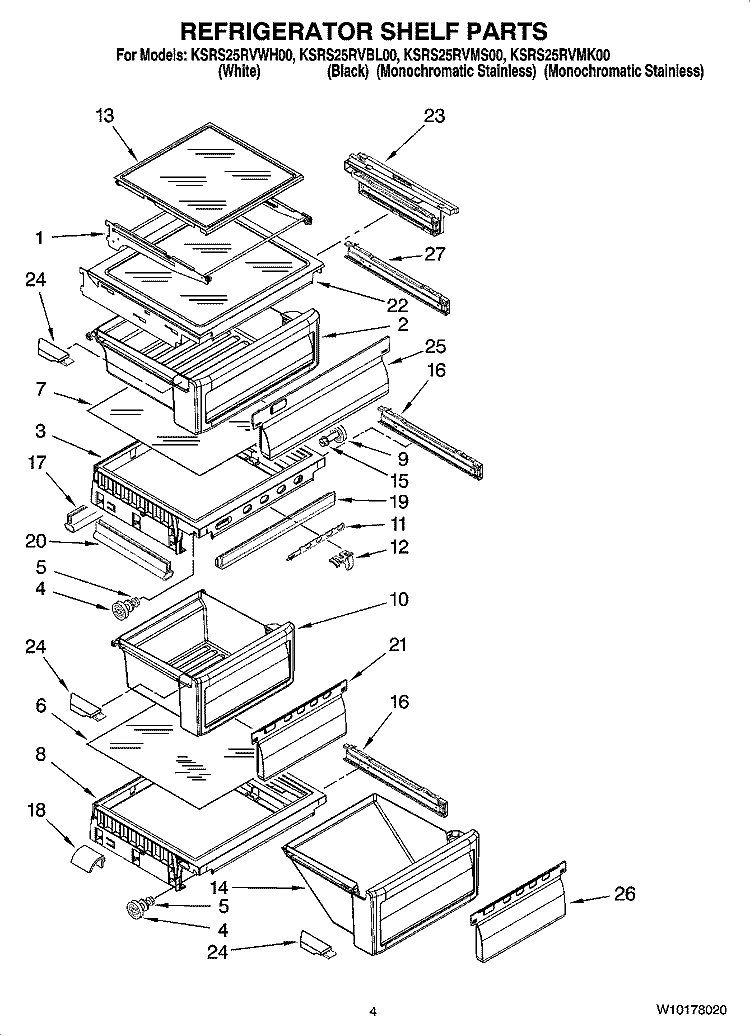 REFRIGERATOR SHELF PARTS Diagram and Parts List for KSRS25RVMS00  KitchenAid Refrigerator