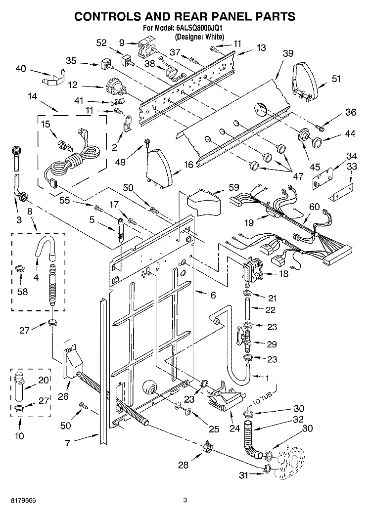 CONTROLS AND REAR PANEL PARTS Diagram and Parts List for 6ALSQ8000JQ1  Whirlpool Washer