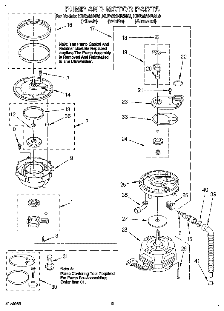 PUMP AND MOTOR Diagram and Parts List for KUDS23HBWH0  KitchenAid Dishwasher