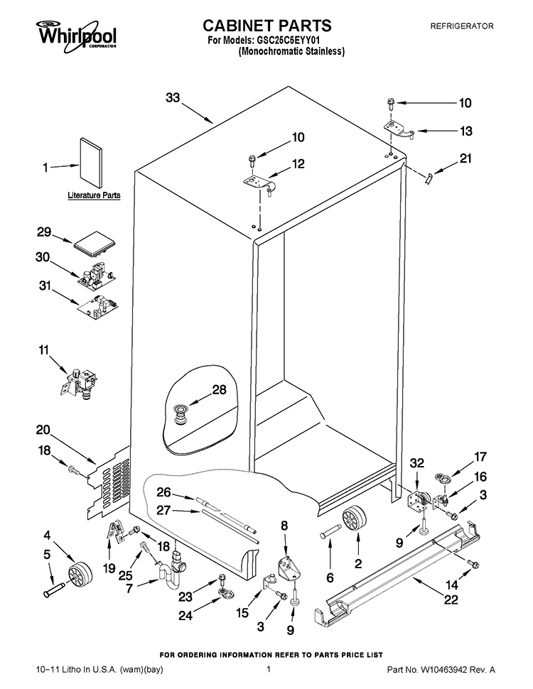 CABINET PARTS Diagram and Parts List for GSC25C5EYY01  Whirlpool Refrigerator